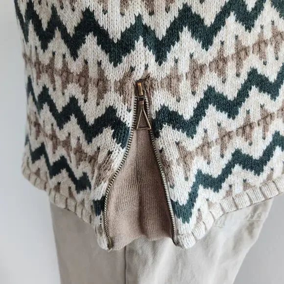 Vintage 90s Christopher & Banks Tan Green Southwestern Knit Quarter Zip Sweater - Picture 5 of 10